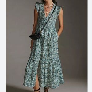 Anthropologie Teal Floral Midi Dress